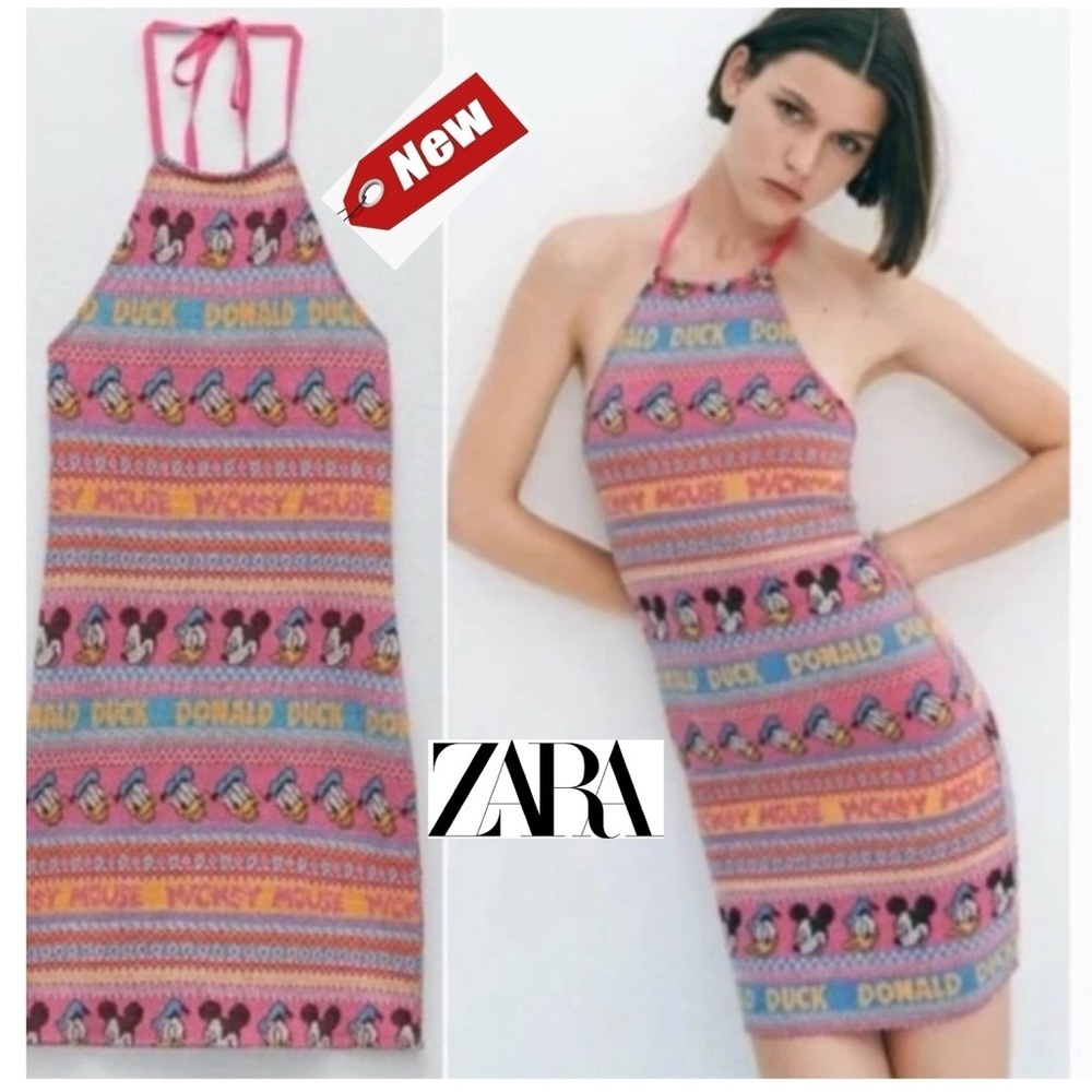 Zara Disney Mickey Mouse & Donald Duck Bodycon Halter Mini Dress Size S NWT